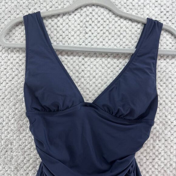 J Crew Swimsuit Women 4 Blue One Piece Plunge Ruched Swimwear Pool Beach - Picture 3 of 16